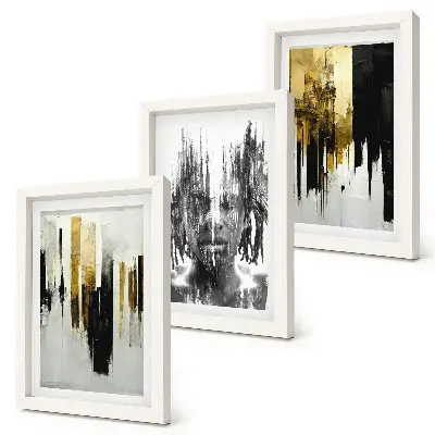 Triptyk med ram kontraster mellan abstraktioner, porträtt och arkitektur