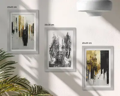 Triptyk med ram kontraster mellan abstraktioner, porträtt och arkitektur