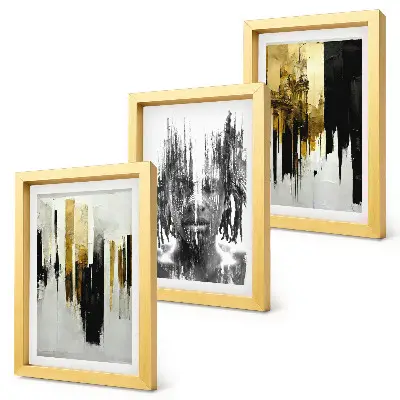 Triptyk med ram kontraster mellan abstraktioner, porträtt och arkitektur