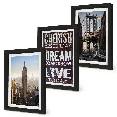Triptyk med tavlor landskap av New York City med ett inspirerande citat och ram