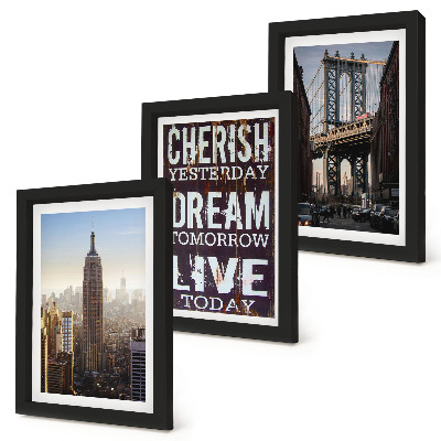 Triptyk tavla med ram New York City Landskap med ett inspirerande citat
