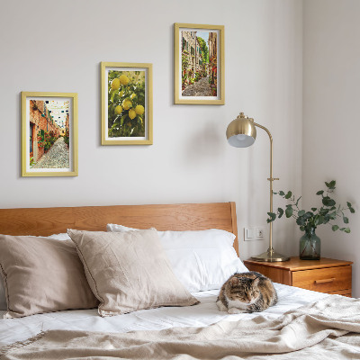 Tavelvägg med 3 tavlor Charmiga gator med blommor och citroner i bakgrunden