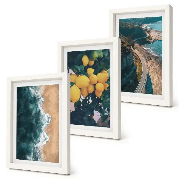 Triptyk med ram tavla med motiv av havsstrand, citroner, bergslandskap och kustväg