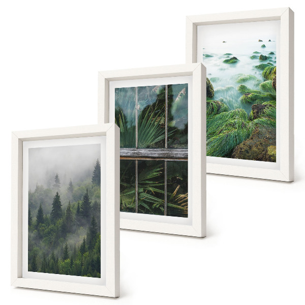 Triptyk tavla med ram En skog i dimman, en flodstrand och ett växthus med växter
