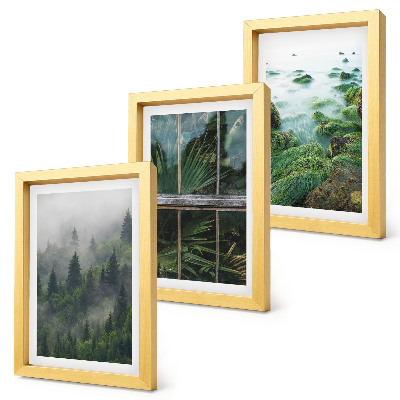 Triptyk tavla med ram En skog i dimman, en flodstrand och ett växthus med växter