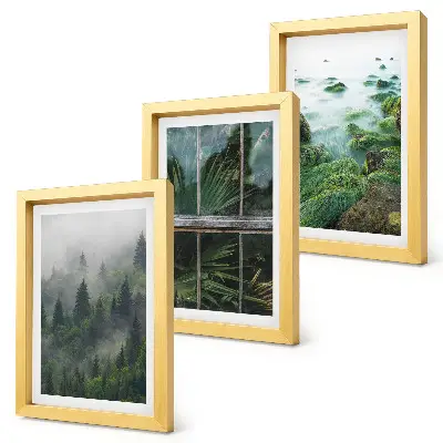 Triptyk med ram motiv av skog i dimma, flodstrand och växthus med växter