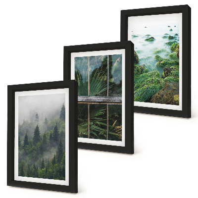 Triptyk tavla med ram En skog i dimman, en flodstrand och ett växthus med växter