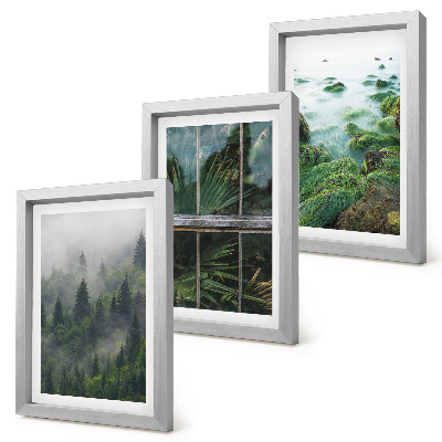 Triptyk tavla med ram En skog i dimman, en flodstrand och ett växthus med växter