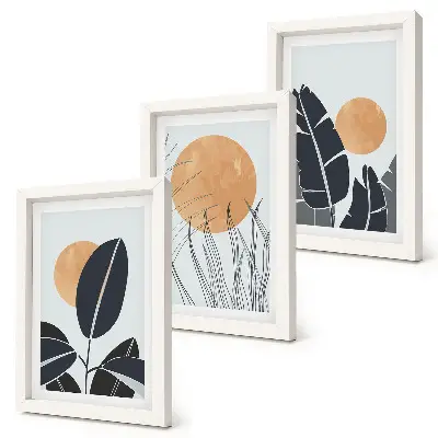 Tavelvägg med 3 tavlor växtmönster med stora solar i minimalistisk stil