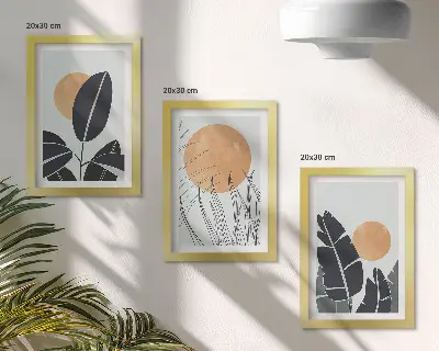 Tavelvägg med 3 tavlor växtmönster med stora solar i minimalistisk stil