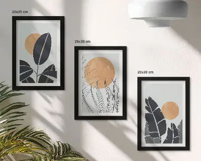 Tavelvägg med 3 tavlor växtmönster med stora solar i minimalistisk stil