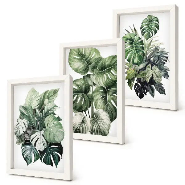 Triptyk tavla med ram gröna blad av tropiska växter i akvarell