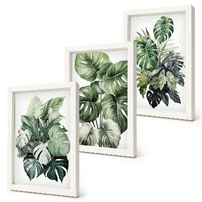 Triptyk tavla med ram gröna blad av tropiska växter i akvarell