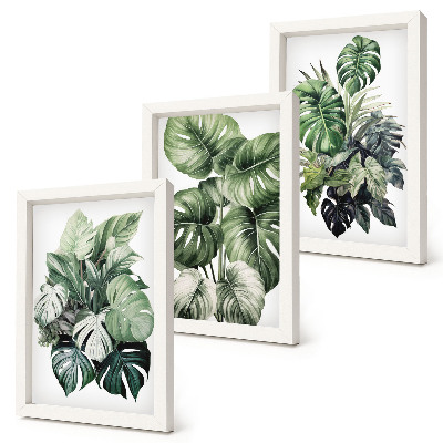 Triptyk tavla med ram Gröna blad av tropiska växter i akvareller