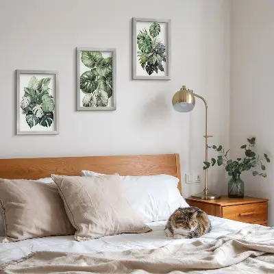 Triptyk tavla med ram gröna blad av tropiska växter i akvarell