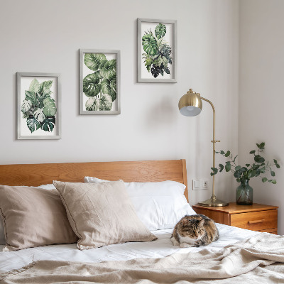 Triptyk tavla med ram Gröna blad av tropiska växter i akvareller