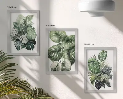 Triptyk tavla med ram gröna blad av tropiska växter i akvarell