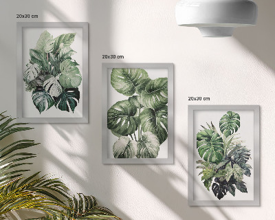 Triptyk tavla med ram Gröna blad av tropiska växter i akvareller