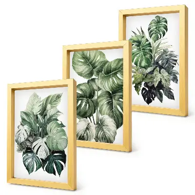 Triptyk tavla med ram gröna blad av tropiska växter i akvarell