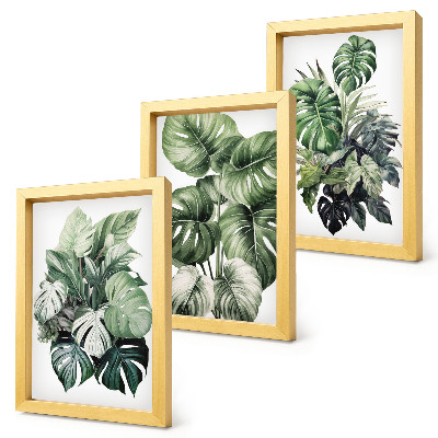 Triptyk tavla med ram Gröna blad av tropiska växter i akvareller