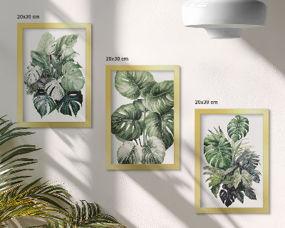 Triptyk tavla med ram Gröna blad av tropiska växter i akvareller