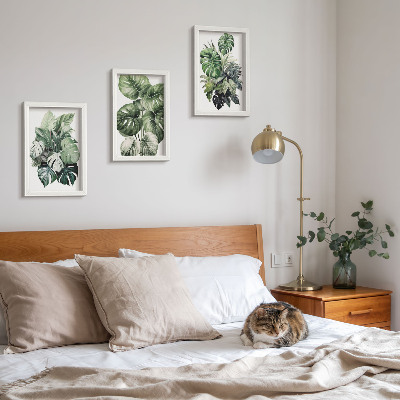 Triptyk tavla med ram Gröna blad av tropiska växter i akvareller