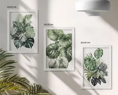Triptyk tavla med ram gröna blad av tropiska växter i akvarell
