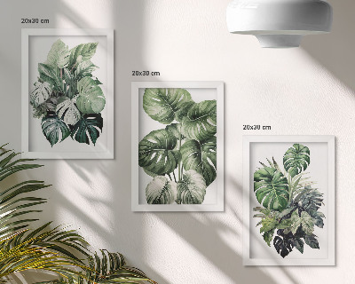 Triptyk tavla med ram Gröna blad av tropiska växter i akvareller