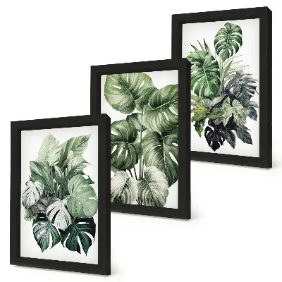 Triptyk tavla med ram gröna blad av tropiska växter i akvarell