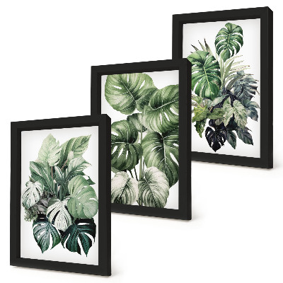 Triptyk tavla med ram Gröna blad av tropiska växter i akvareller