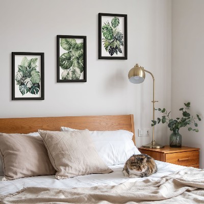 Triptyk tavla med ram Gröna blad av tropiska växter i akvareller