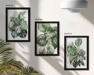 Triptyk tavla med ram gröna blad av tropiska växter i akvarell