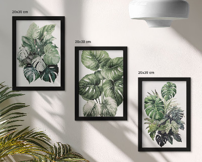 Triptyk tavla med ram Gröna blad av tropiska växter i akvareller
