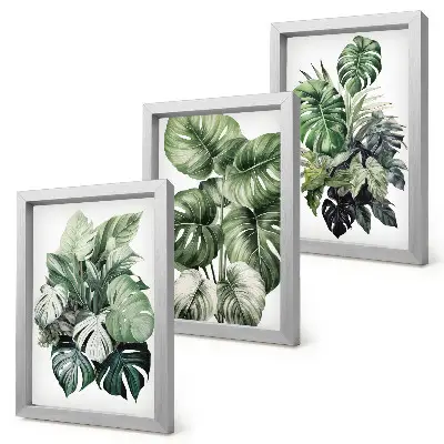 Triptyk tavla med ram gröna blad av tropiska växter i akvarell