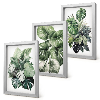 Triptyk tavla med ram Gröna blad av tropiska växter i akvareller