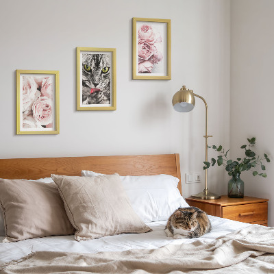 Tavelvägg med 3 tavlor En katt bland rosa blommor av rosor och pioner