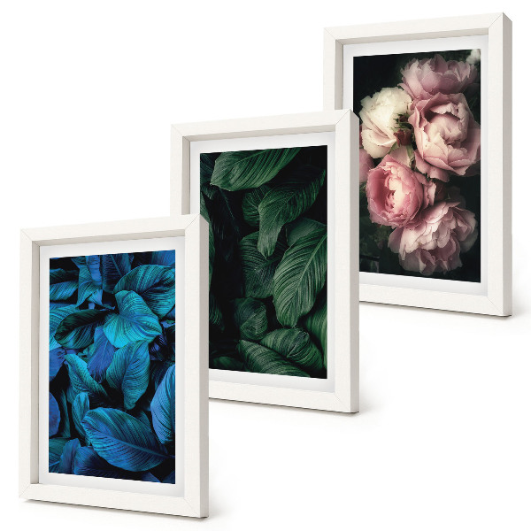 Triptyk tavla med ram Blad och blommor i olika färger