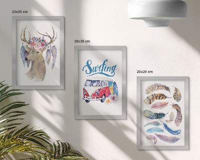 Triptyk tavla med ram Hjort med horn och blommor, julbil, fjädrar