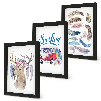 Triptyk med ram motiv med hjort, blommor, julbil och fjädrar