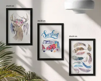 Triptyk med ram motiv med hjort, blommor, julbil och fjädrar