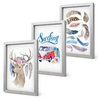 Triptyk med ram motiv med hjort, blommor, julbil och fjädrar