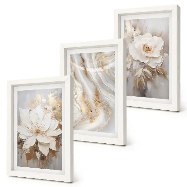 Tavelvägg med 3 tavlor med motiv av blommor och abstrakt marmormönster