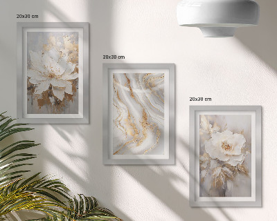 Tavelvägg med 3 tavlor Blommor och abstrakt marmormönster