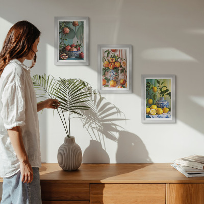 Posterpaket Granatäpplen, persikor och citroner i vaser