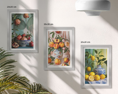 Posterpaket Granatäpplen, persikor och citroner i vaser