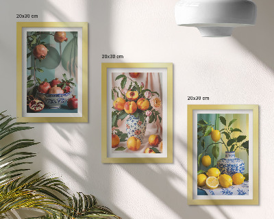 Posterpaket Granatäpplen, persikor och citroner i vaser