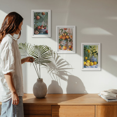 Posterpaket Granatäpplen, persikor och citroner i vaser