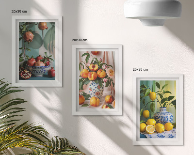 Posterpaket Granatäpplen, persikor och citroner i vaser