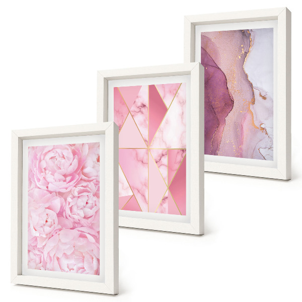 Triptyk tavla med ram Rosa blommor pioner geometriska mönster