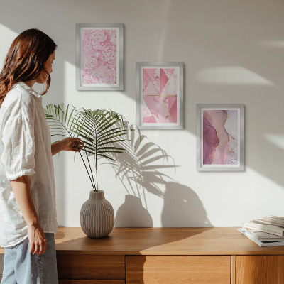 Triptyk tavla med ram Rosa blommor pioner geometriska mönster